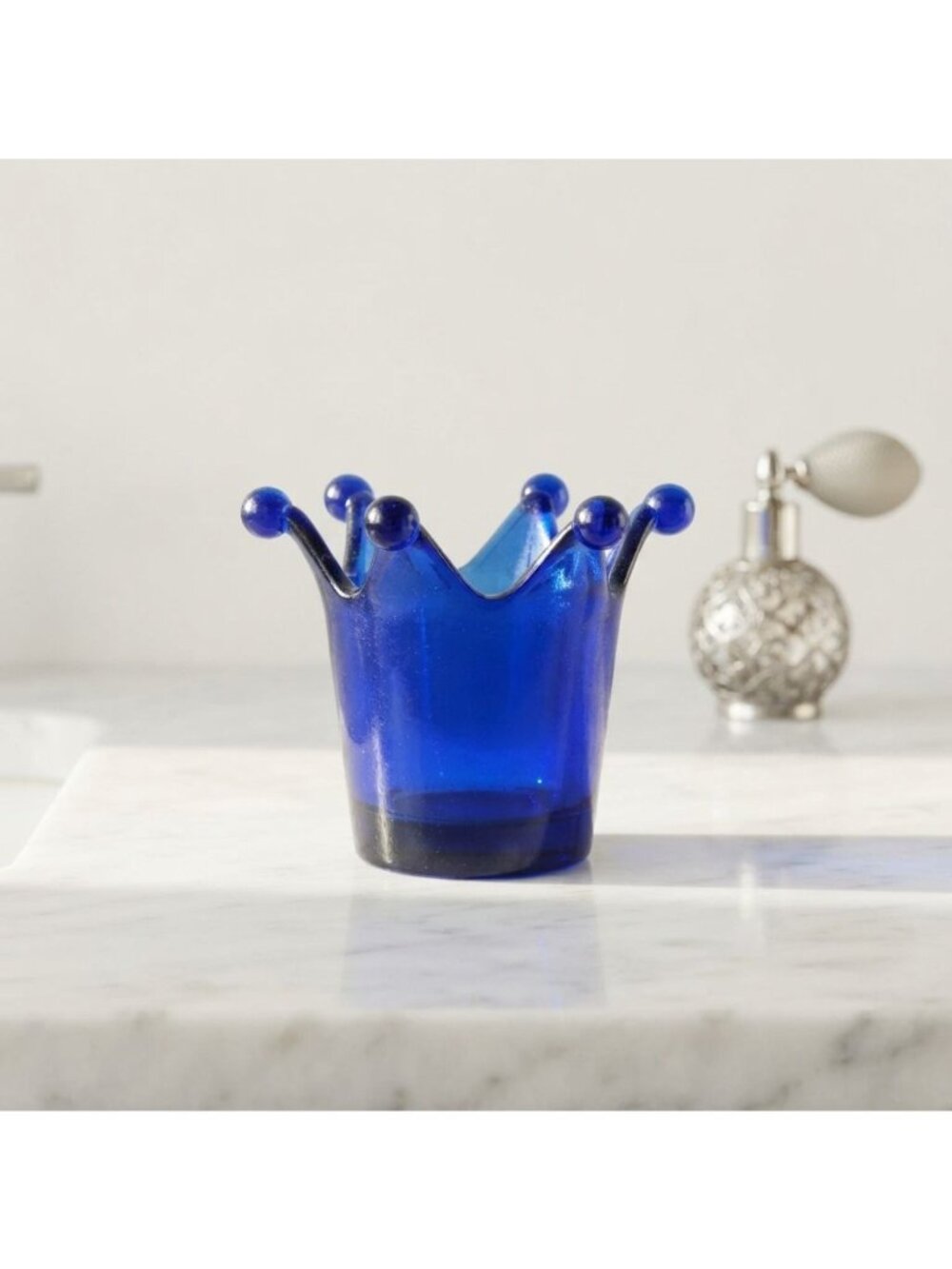 Vintage Cobalt Blue Art Glass Crown Toothpick Holder Votive Vase Accent